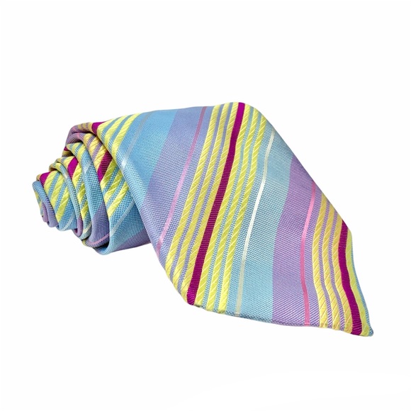 Duchamp Multicolor Pastel Blue Yellow Pink 100% Silk Striped England Necktie Tie
